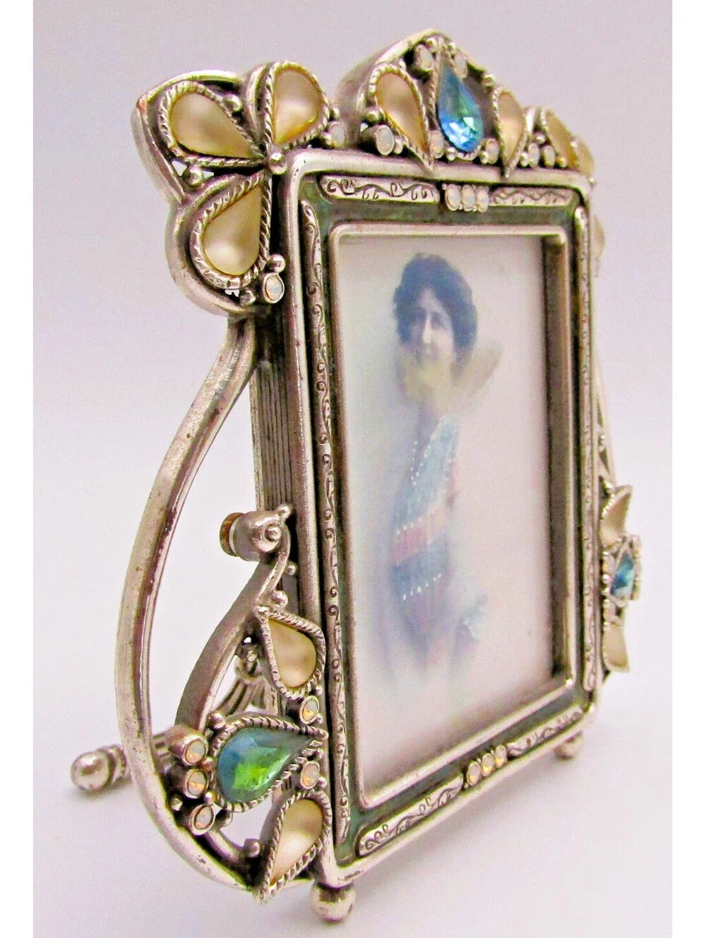 Edgar Berebi Art Nouveau-Style Silver and Enamel Jeweled Frame 4 1/4